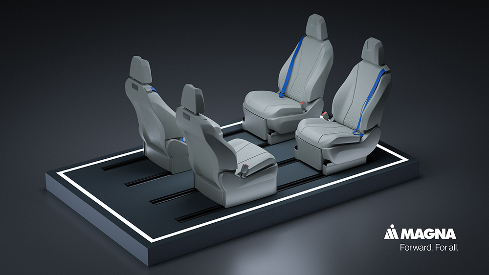 Magna’s reconfigurable seating system offers flexibility for more in-cabin space