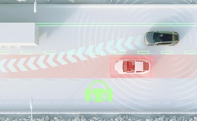 Rendering of vehicles driving along the highway with sensors showing how to make a safe lane change