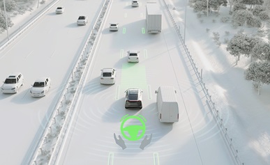 Rendering of vehicles driving along a highway showing how the sensors work to indicate safe travelling distance