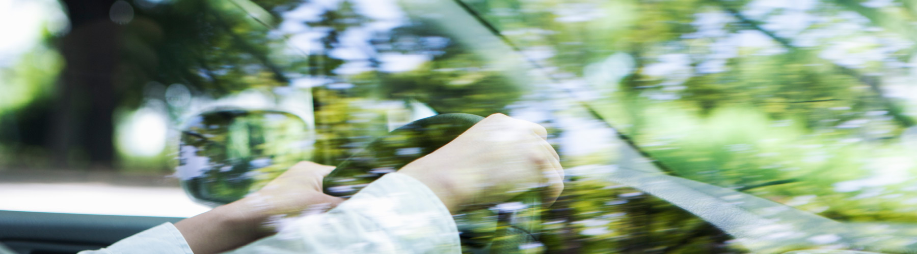 Person holding onto a steering wheel driving along a tree lined road