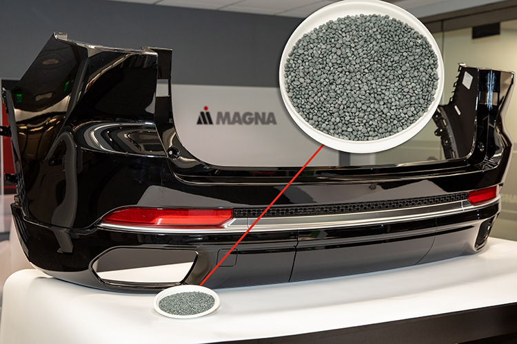 Pellets made from post-consumer recycled materials, used in a bumper