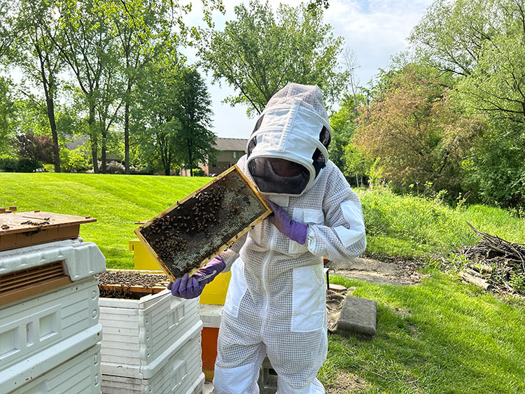 Rhiannon LaForest tending to the bee hives