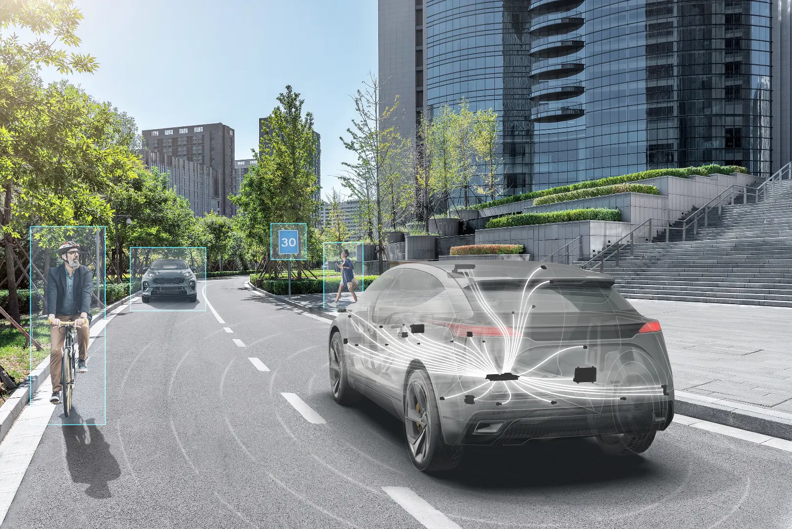 A futuristic car equipped with sensors drives on a city street, detecting nearby objects including a cyclist, pedestrian, car, and traffic sign